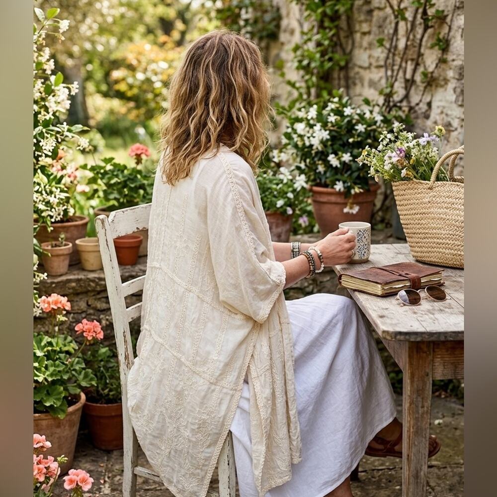 Chico’s Boho Kimono Embroidered Crochet Cotton Blend Lightweight Duster